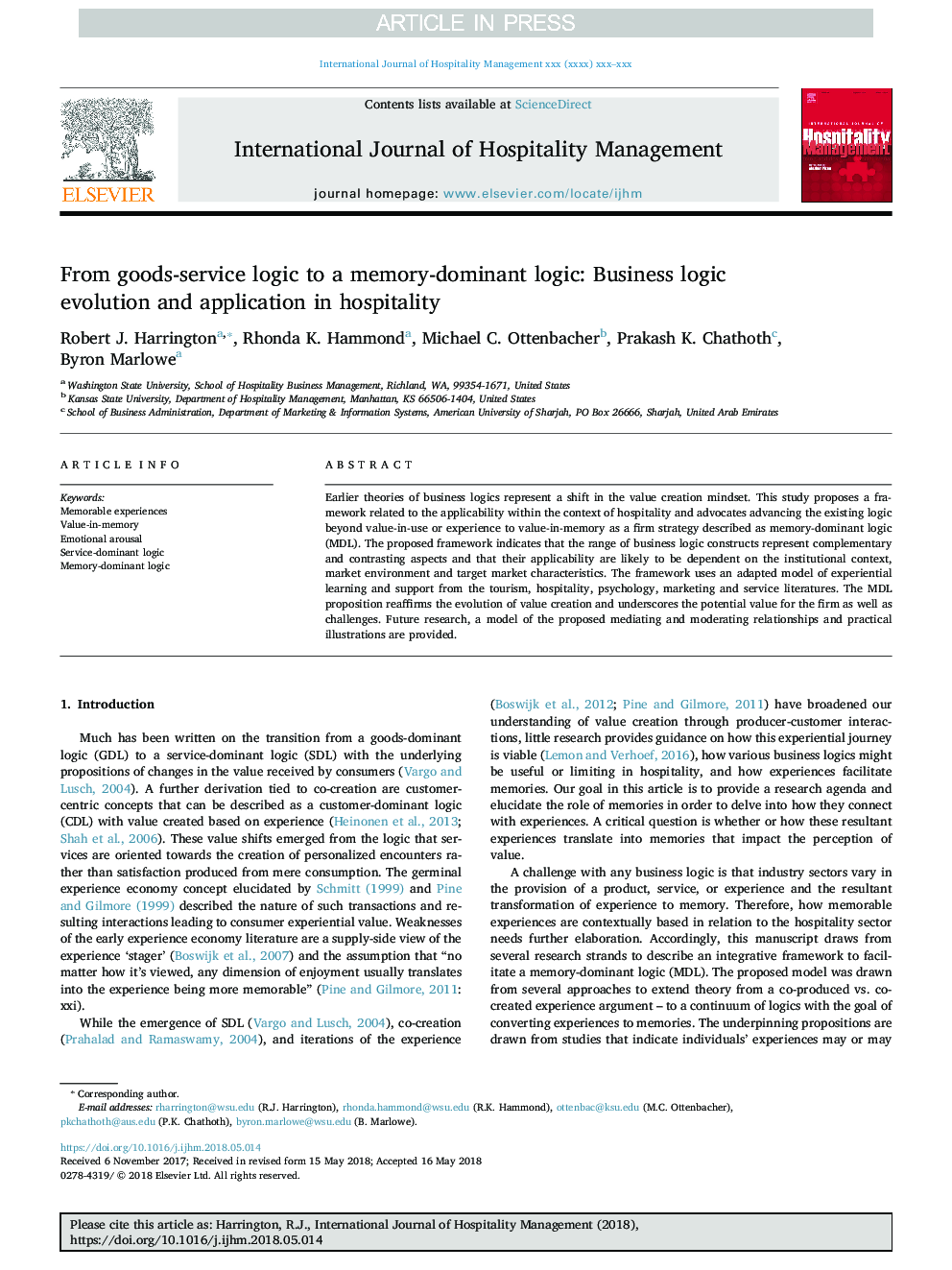 From goods-service logic to a memory-dominant logic: Business logic evolution and application in hospitality