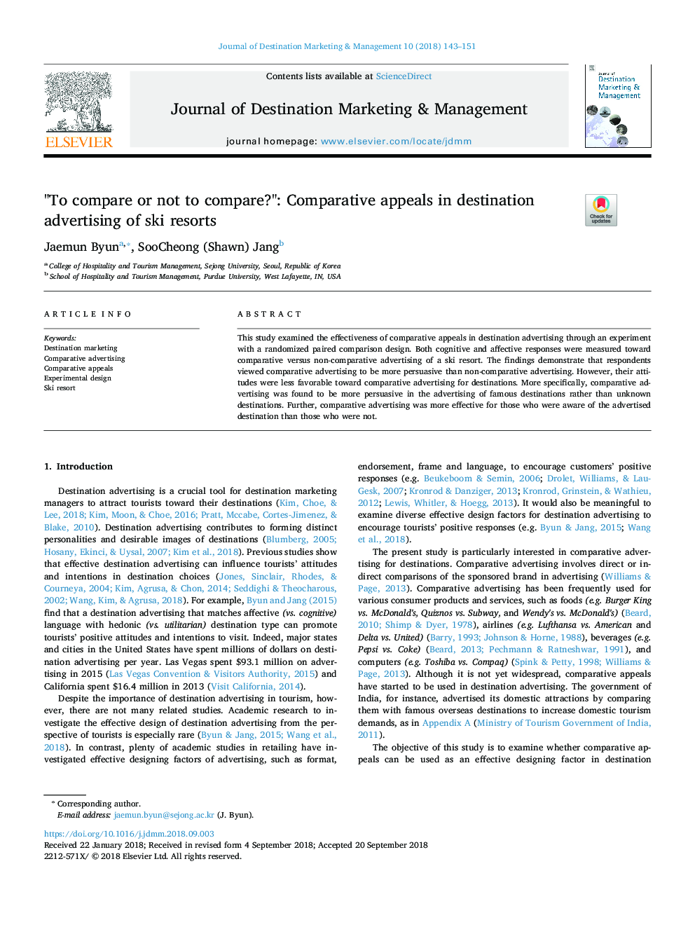 "To compare or not to compare?": Comparative appeals in destination advertising of ski resorts