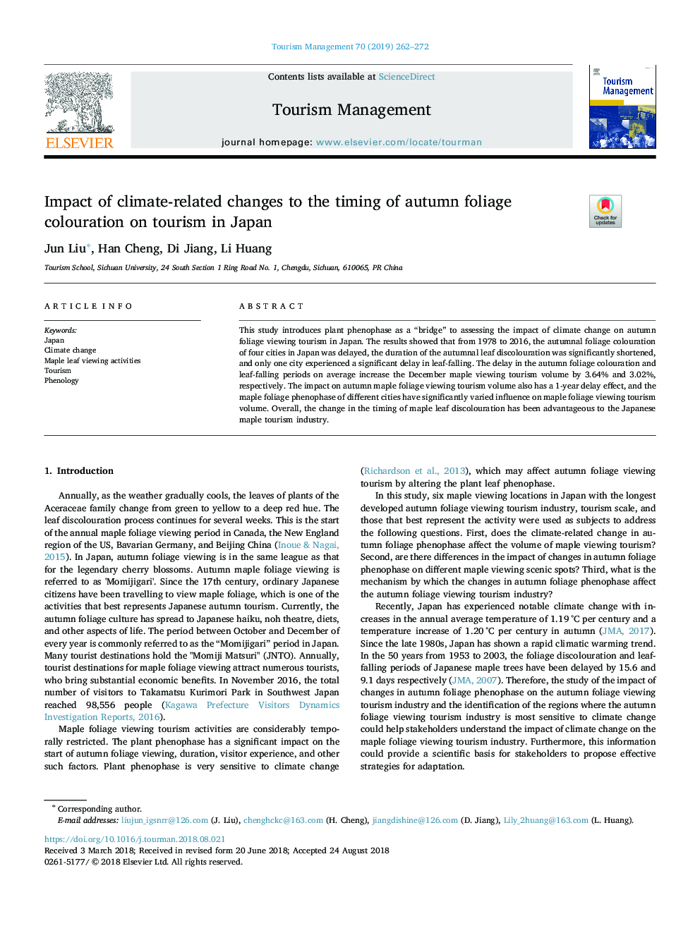 Impact of climate-related changes to the timing of autumn foliage colouration on tourism in Japan