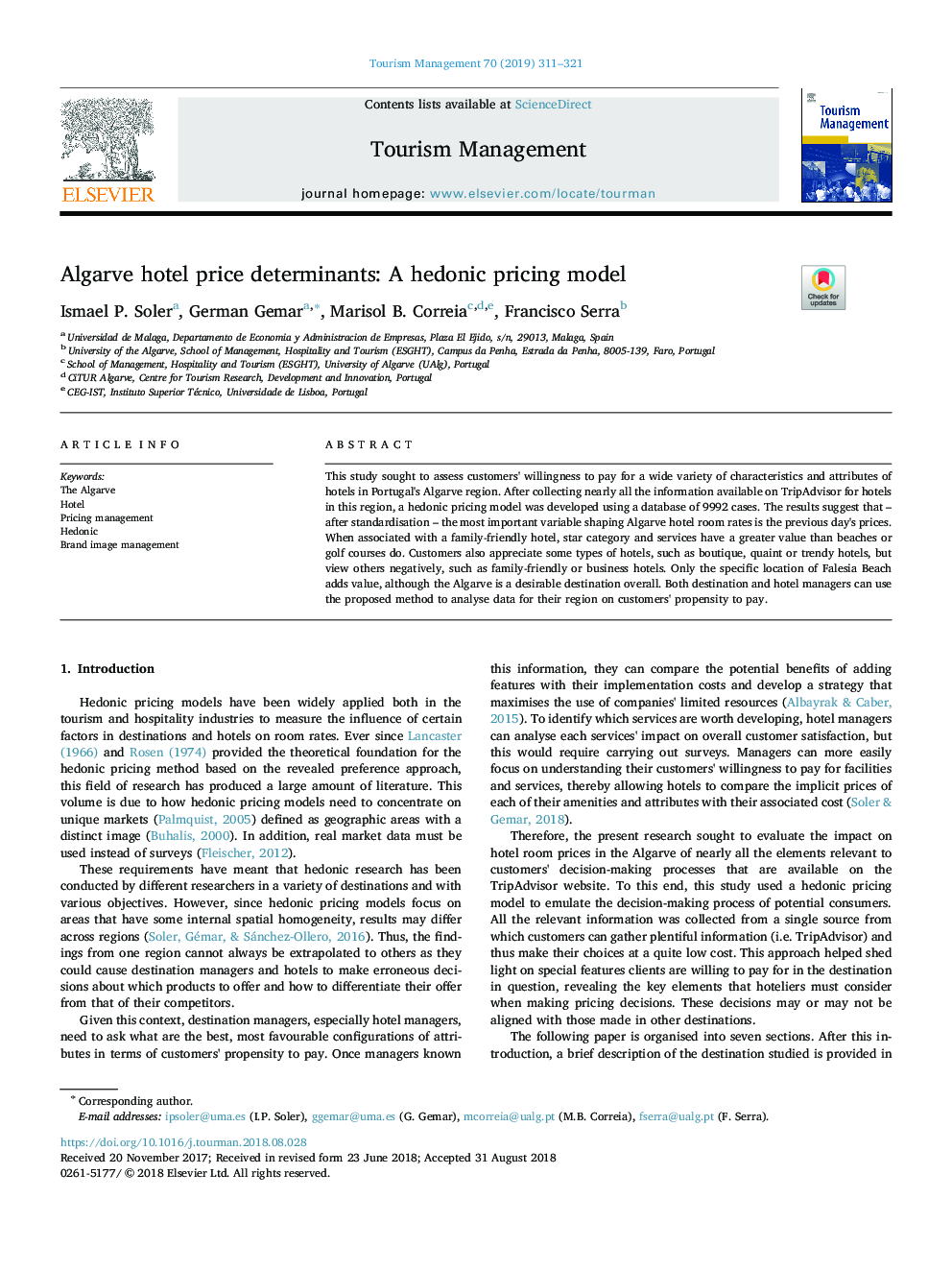 Algarve hotel price determinants: A hedonic pricing model