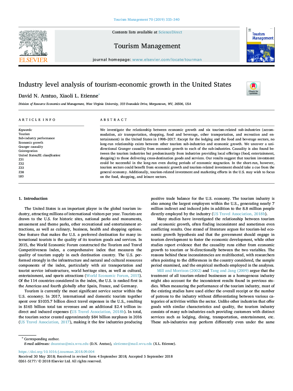 Industry level analysis of tourism-economic growth in the United States