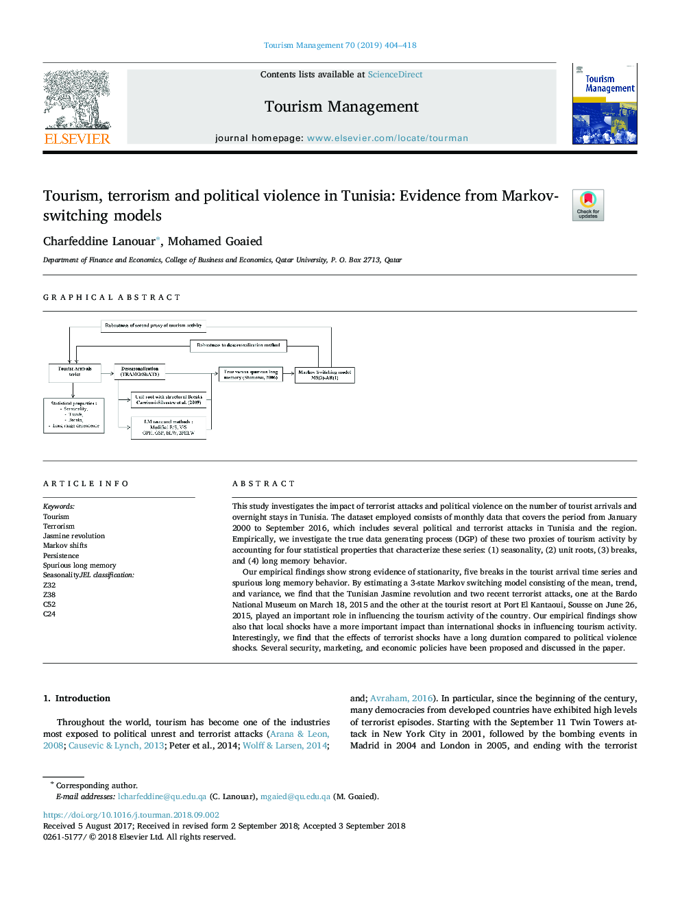 Tourism, terrorism and political violence in Tunisia: Evidence from Markov-switching models