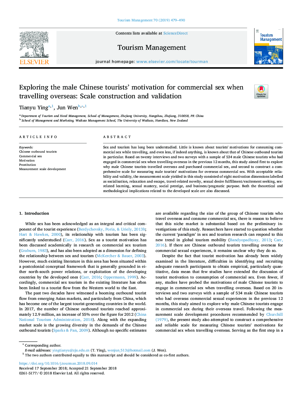 Exploring the male Chinese tourists' motivation for commercial sex when travelling overseas: Scale construction and validation