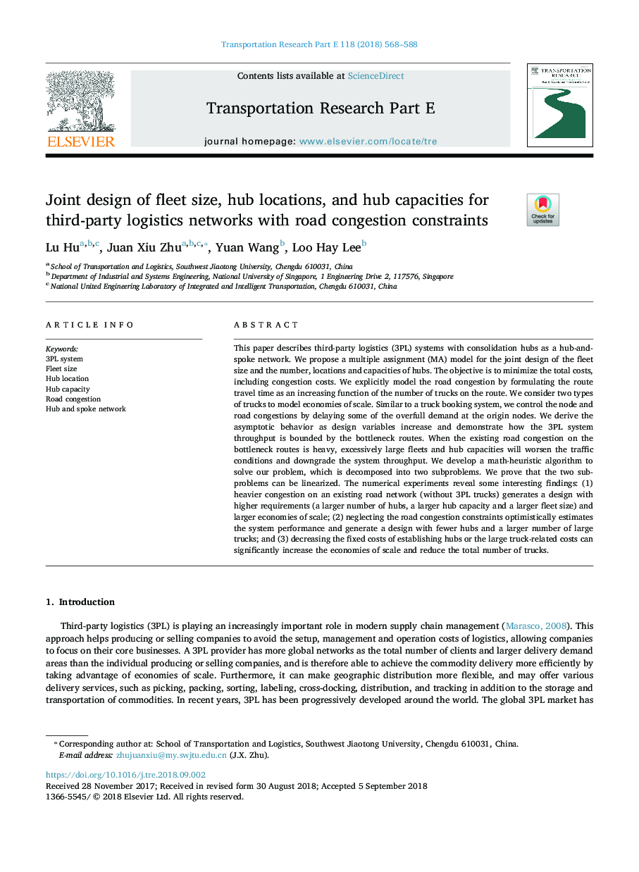 Joint design of fleet size, hub locations, and hub capacities for third-party logistics networks with road congestion constraints