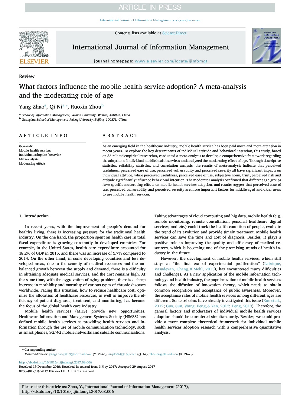 What factors influence the mobile health service adoption? A meta-analysis and the moderating role of age