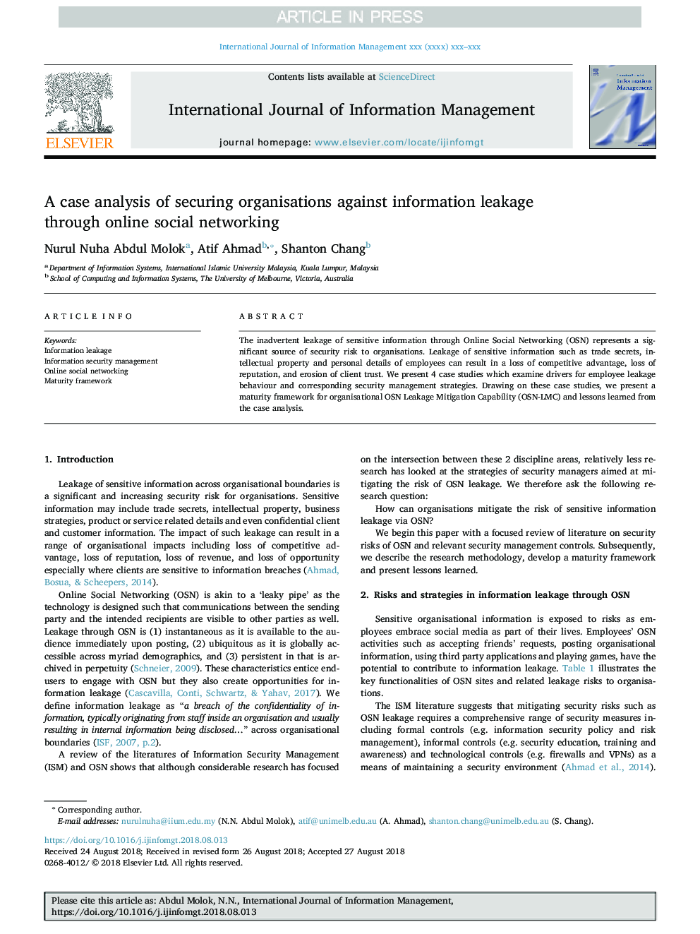 A case analysis of securing organisations against information leakage through online social networking