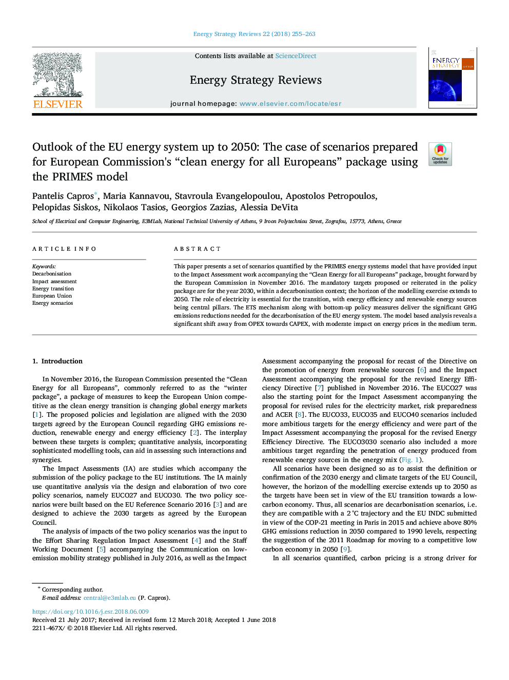 Outlook of the EU energy system up to 2050: The case of scenarios prepared for European Commission's “clean energy for all Europeans” package using the PRIMES model