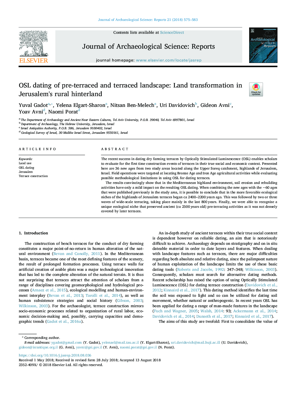 OSL dating of pre-terraced and terraced landscape: Land transformation in Jerusalem's rural hinterland