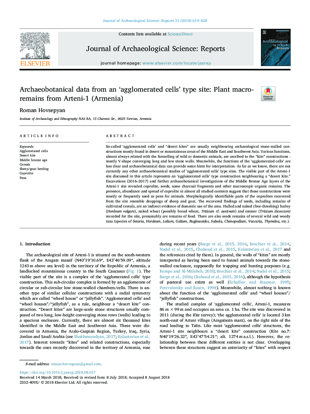 Archaeobotanical data from an 'agglomerated cells' type site: Plant macro-remains from Arteni-1 (Armenia)