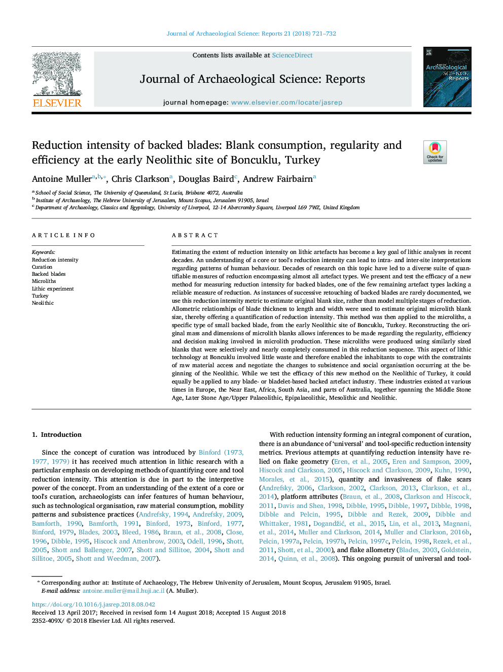 Reduction intensity of backed blades: Blank consumption, regularity and efficiency at the early Neolithic site of Boncuklu, Turkey