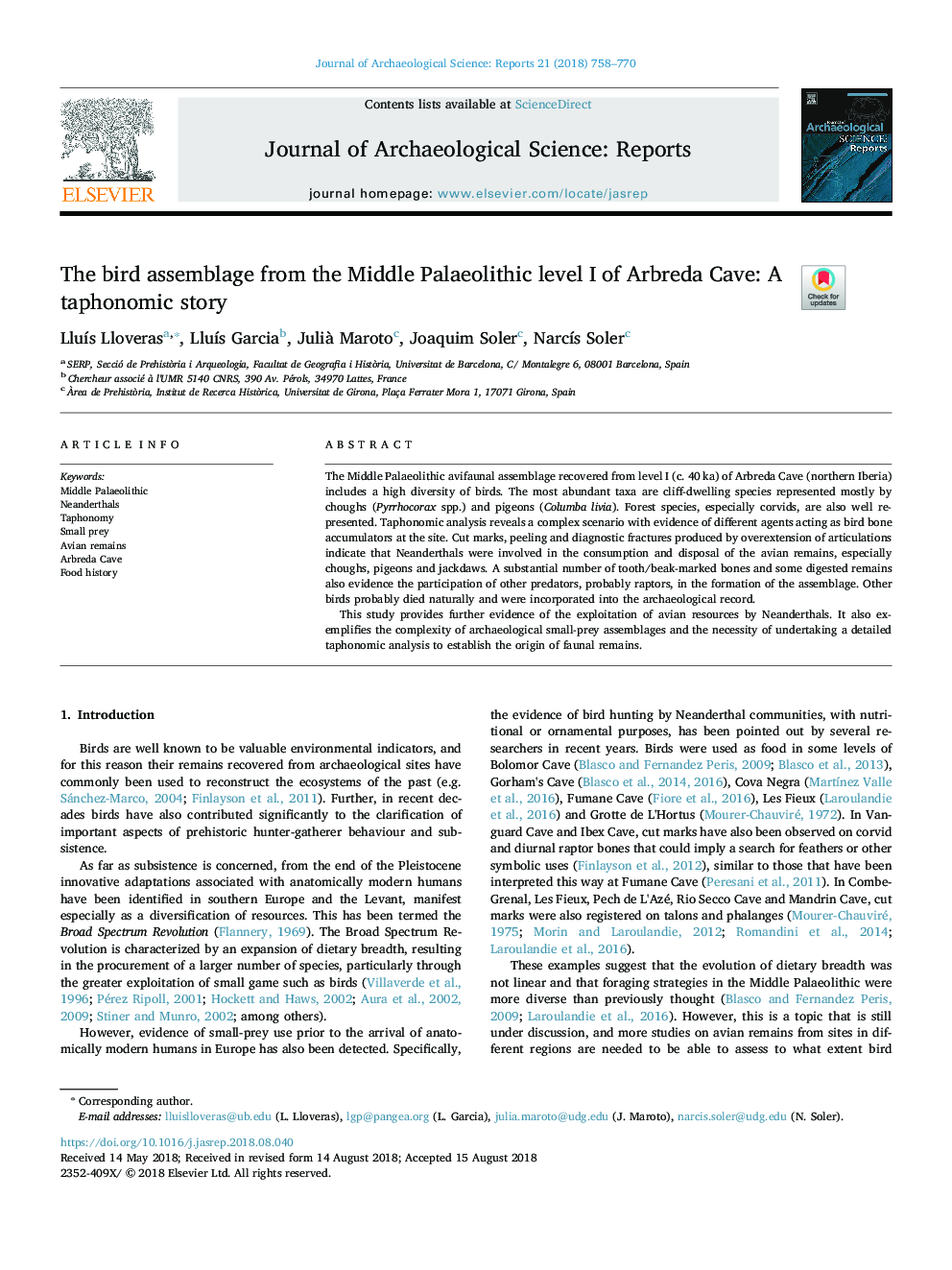 The bird assemblage from the Middle Palaeolithic level I of Arbreda Cave: A taphonomic story