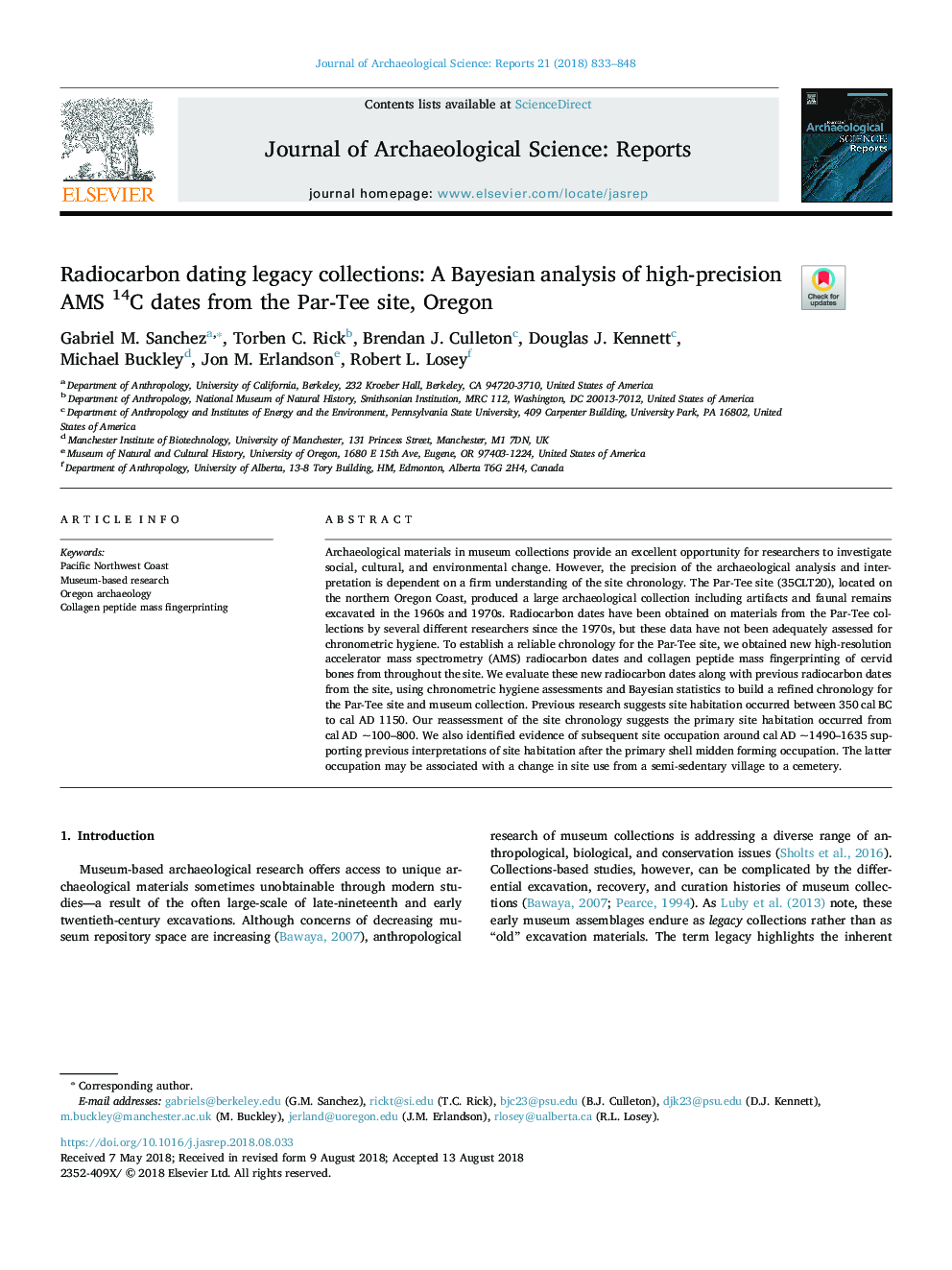 Radiocarbon dating legacy collections: A Bayesian analysis of high-precision AMS 14C dates from the Par-Tee site, Oregon