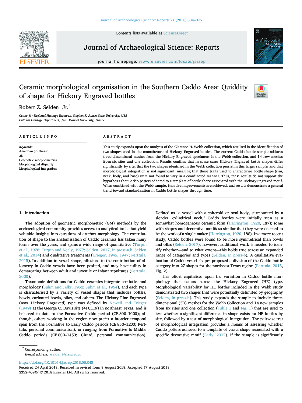 Ceramic morphological organisation in the Southern Caddo Area: Quiddity of shape for Hickory Engraved bottles