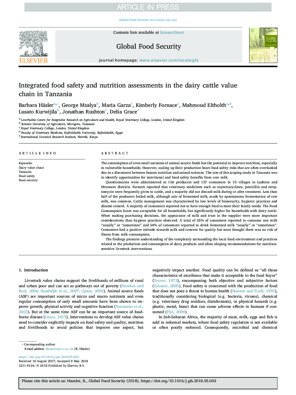 Integrated food safety and nutrition assessments in the dairy cattle value chain in Tanzania