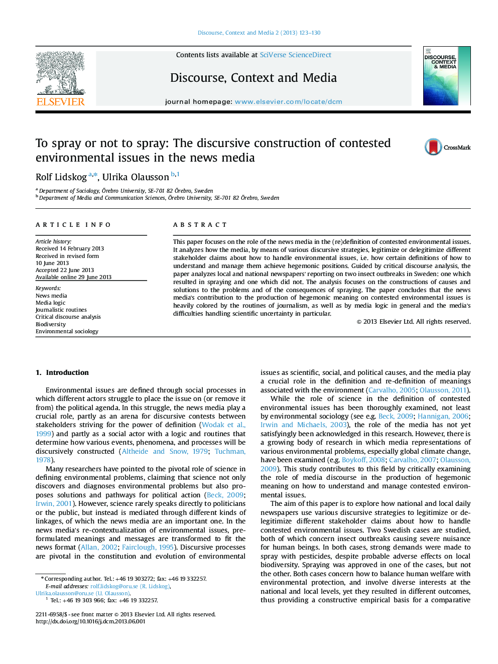 To spray or not to spray: The discursive construction of contested environmental issues in the news media