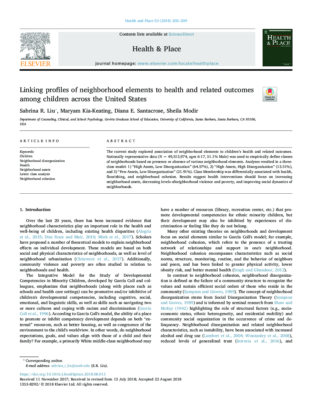 Linking profiles of neighborhood elements to health and related outcomes among children across the United States