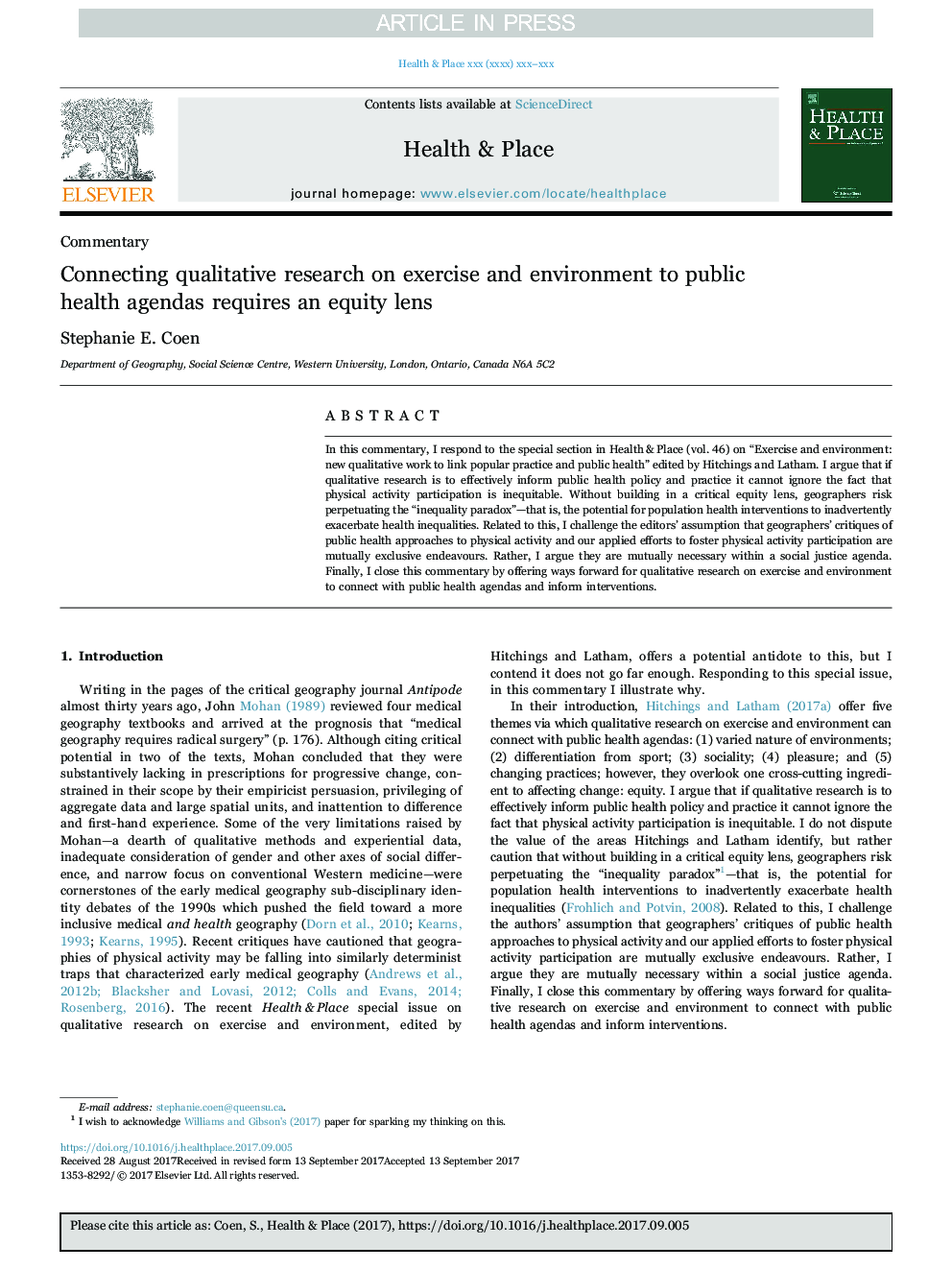 Connecting qualitative research on exercise and environment to public health agendas requires an equity lens