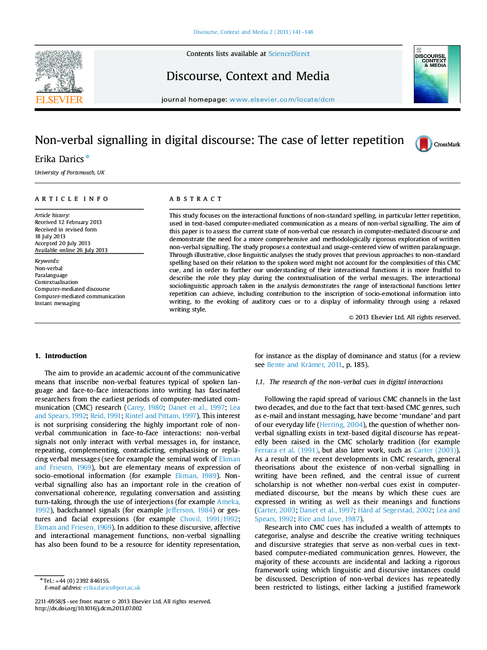 Non-verbal signalling in digital discourse: The case of letter repetition