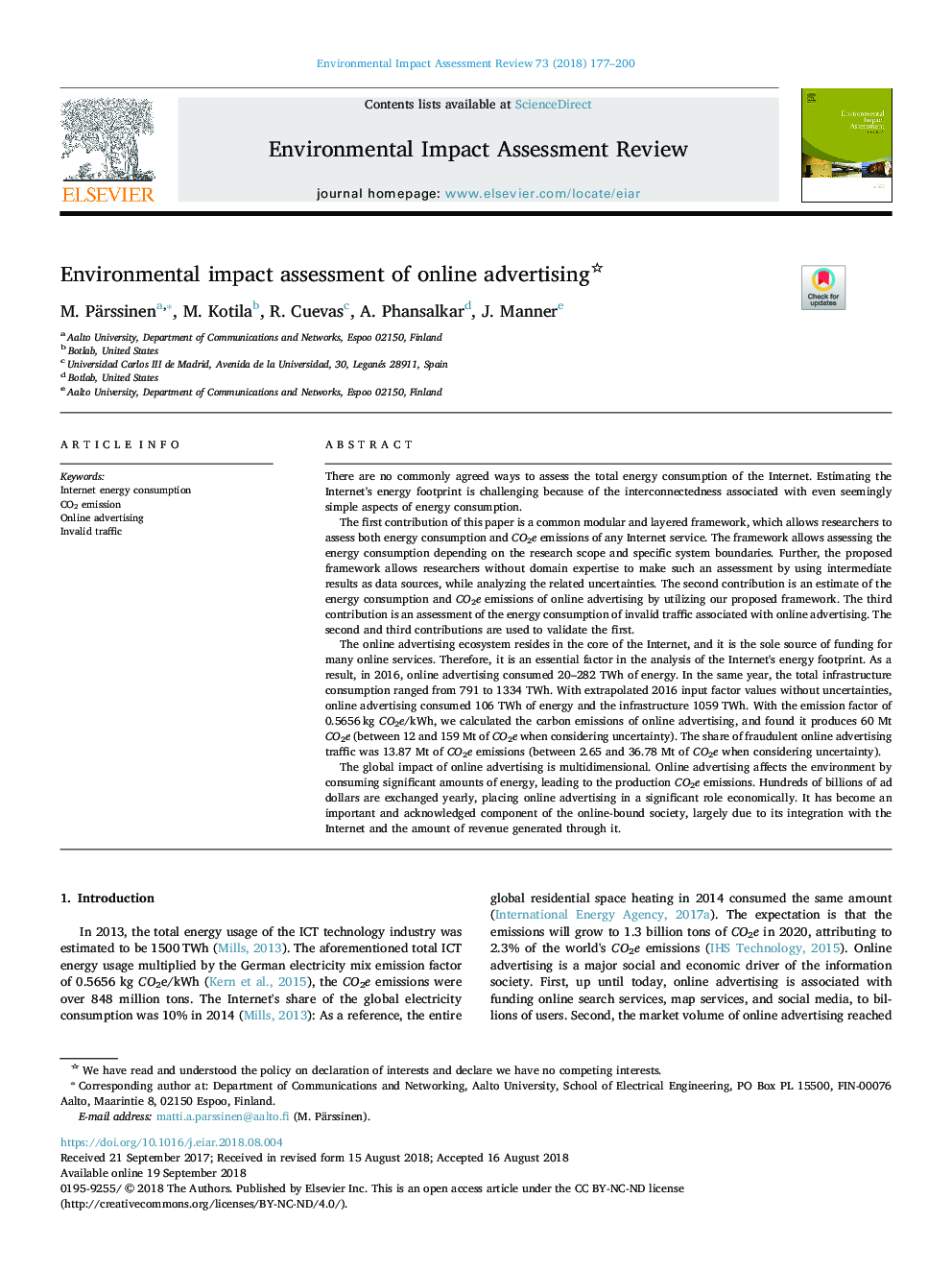 Environmental impact assessment of online advertising