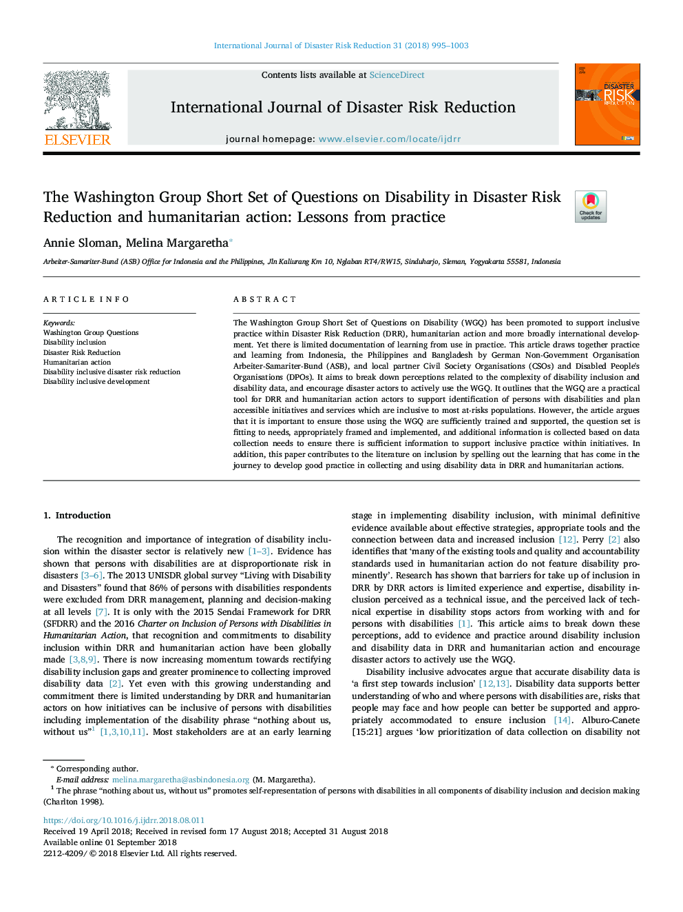 The Washington Group Short Set of Questions on Disability in Disaster Risk Reduction and humanitarian action: Lessons from practice