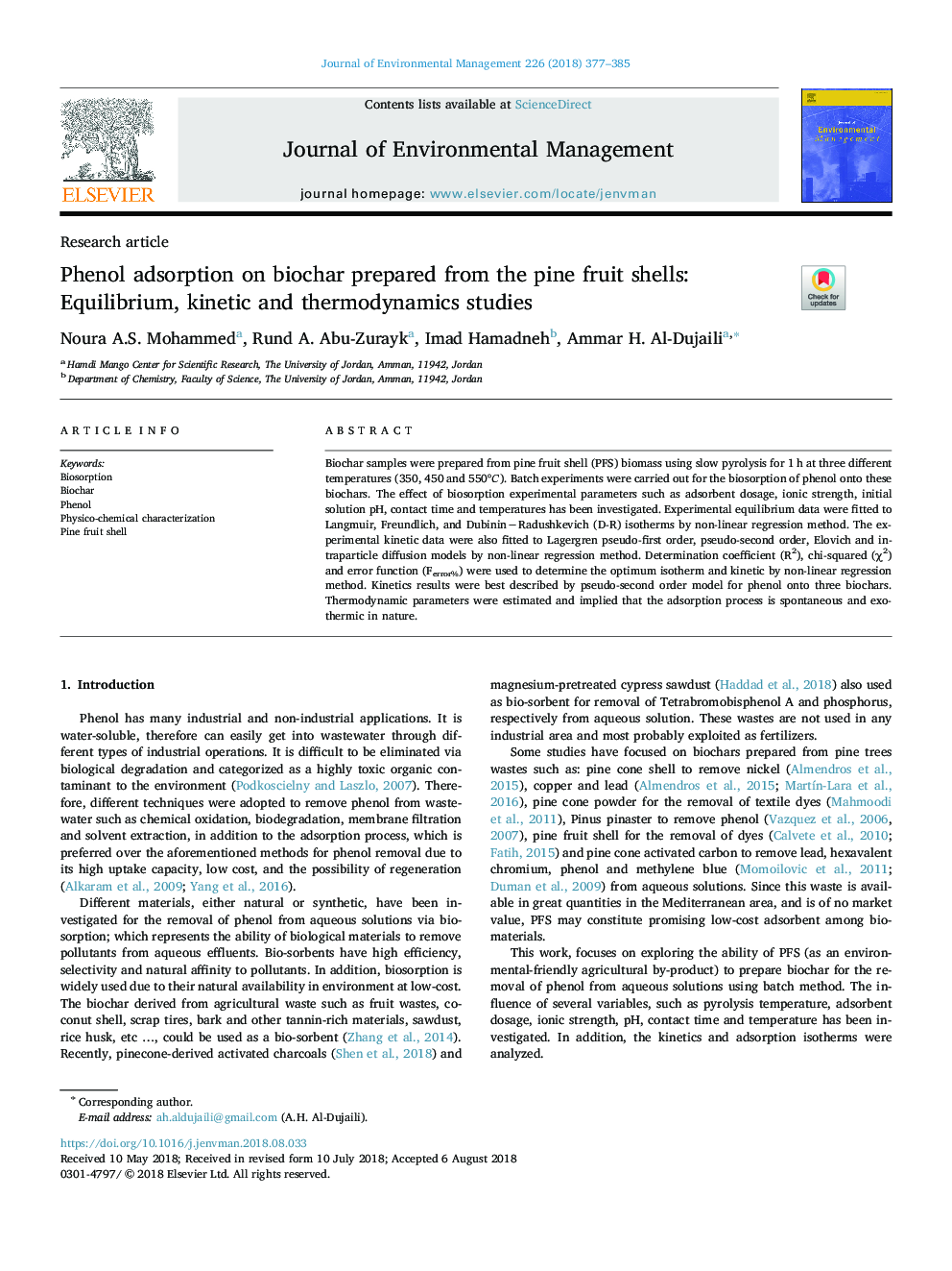 Phenol adsorption on biochar prepared from the pine fruit shells: Equilibrium, kinetic and thermodynamics studies