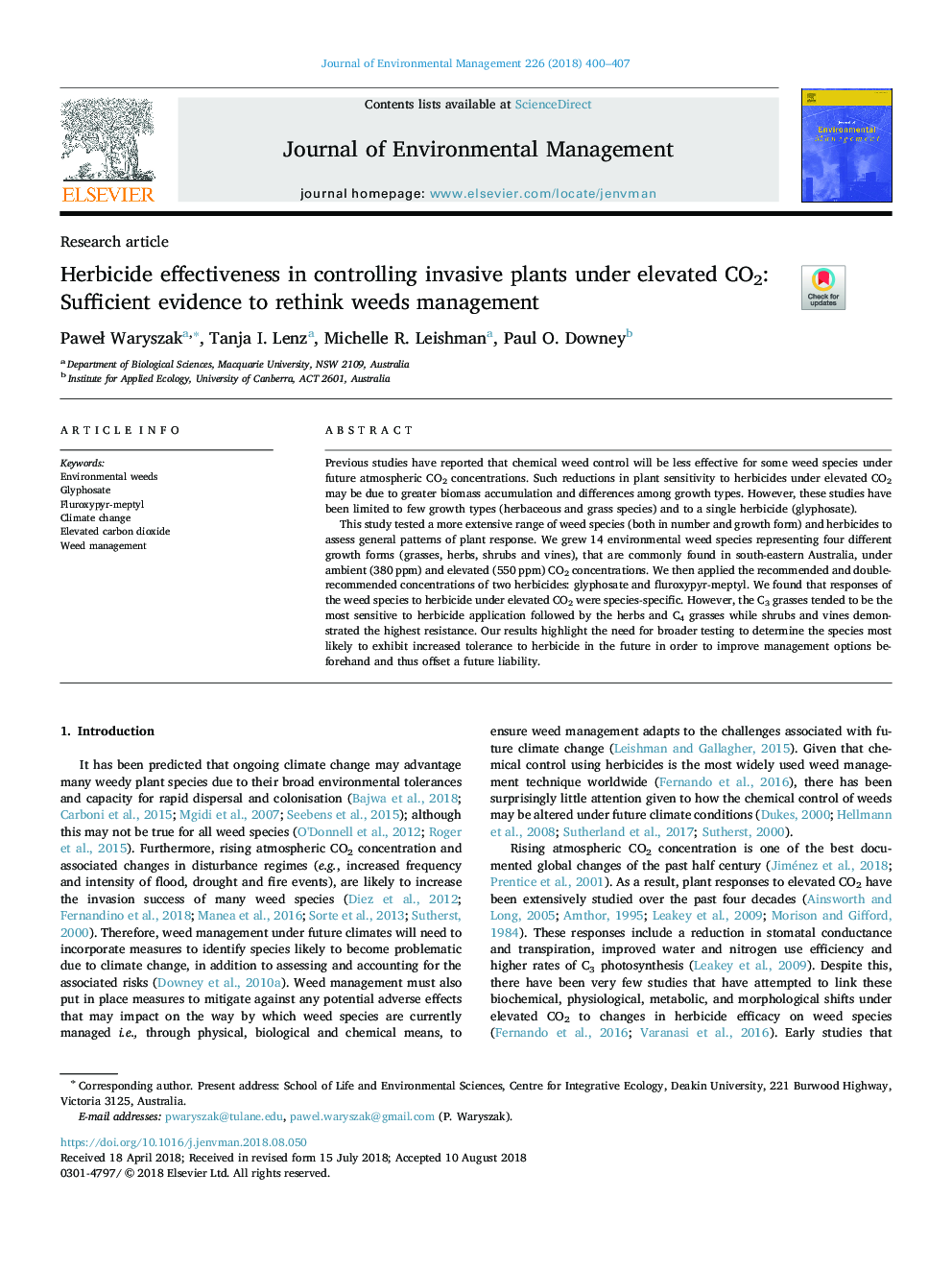 Herbicide effectiveness in controlling invasive plants under elevated CO2: Sufficient evidence to rethink weeds management