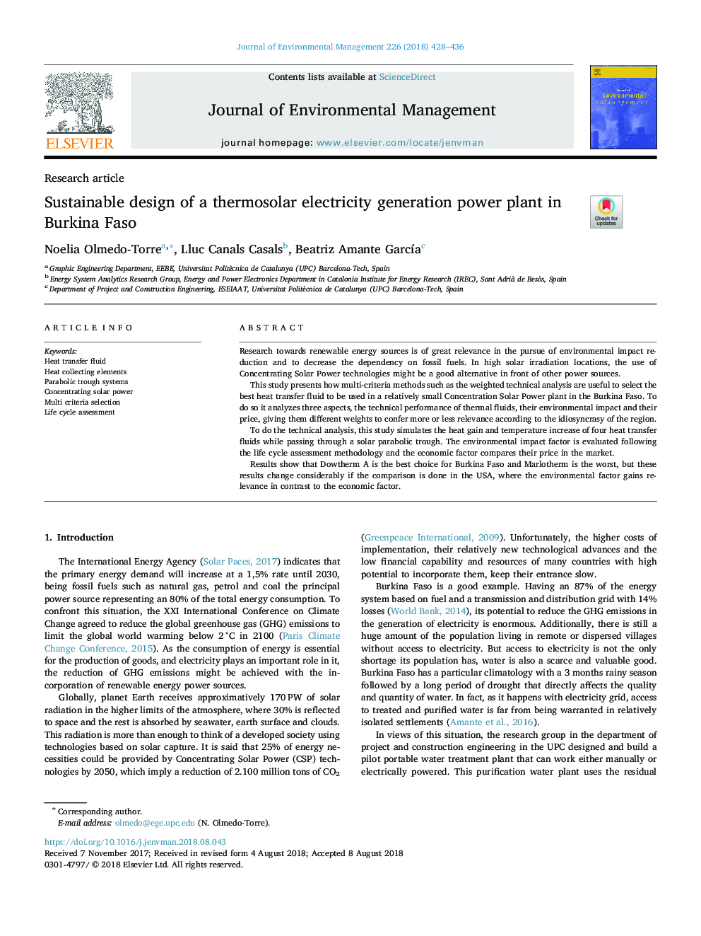 Sustainable design of a thermosolar electricity generation power plant in Burkina Faso