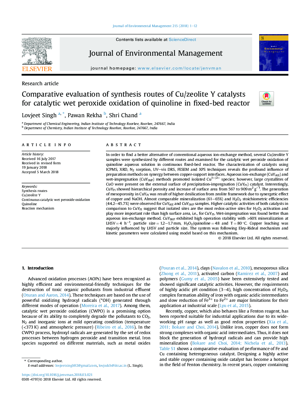 Comparative evaluation of synthesis routes of Cu/zeolite Y catalysts for catalytic wet peroxide oxidation of quinoline in fixed-bed reactor