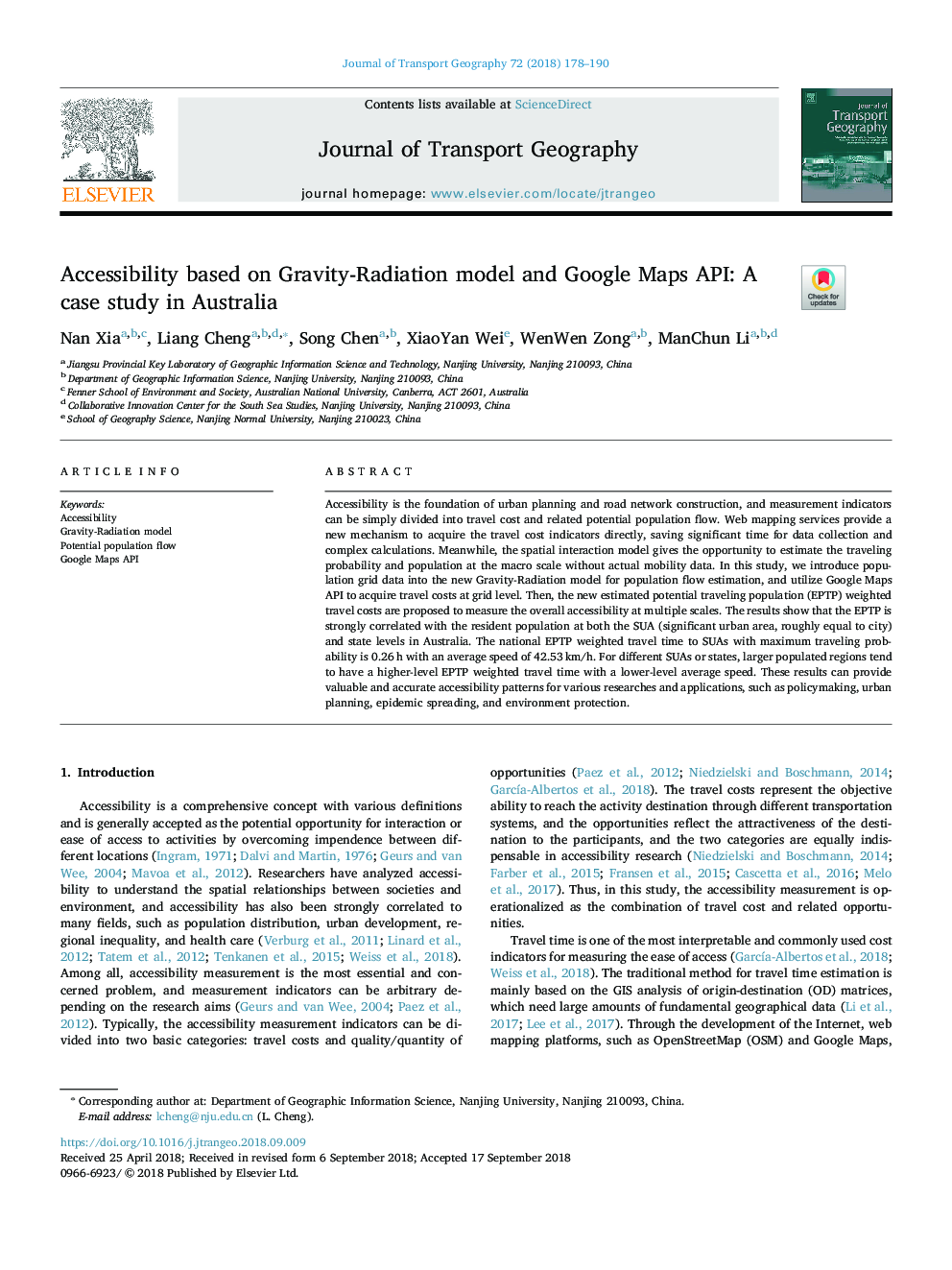 Accessibility based on Gravity-Radiation model and Google Maps API: A case study in Australia