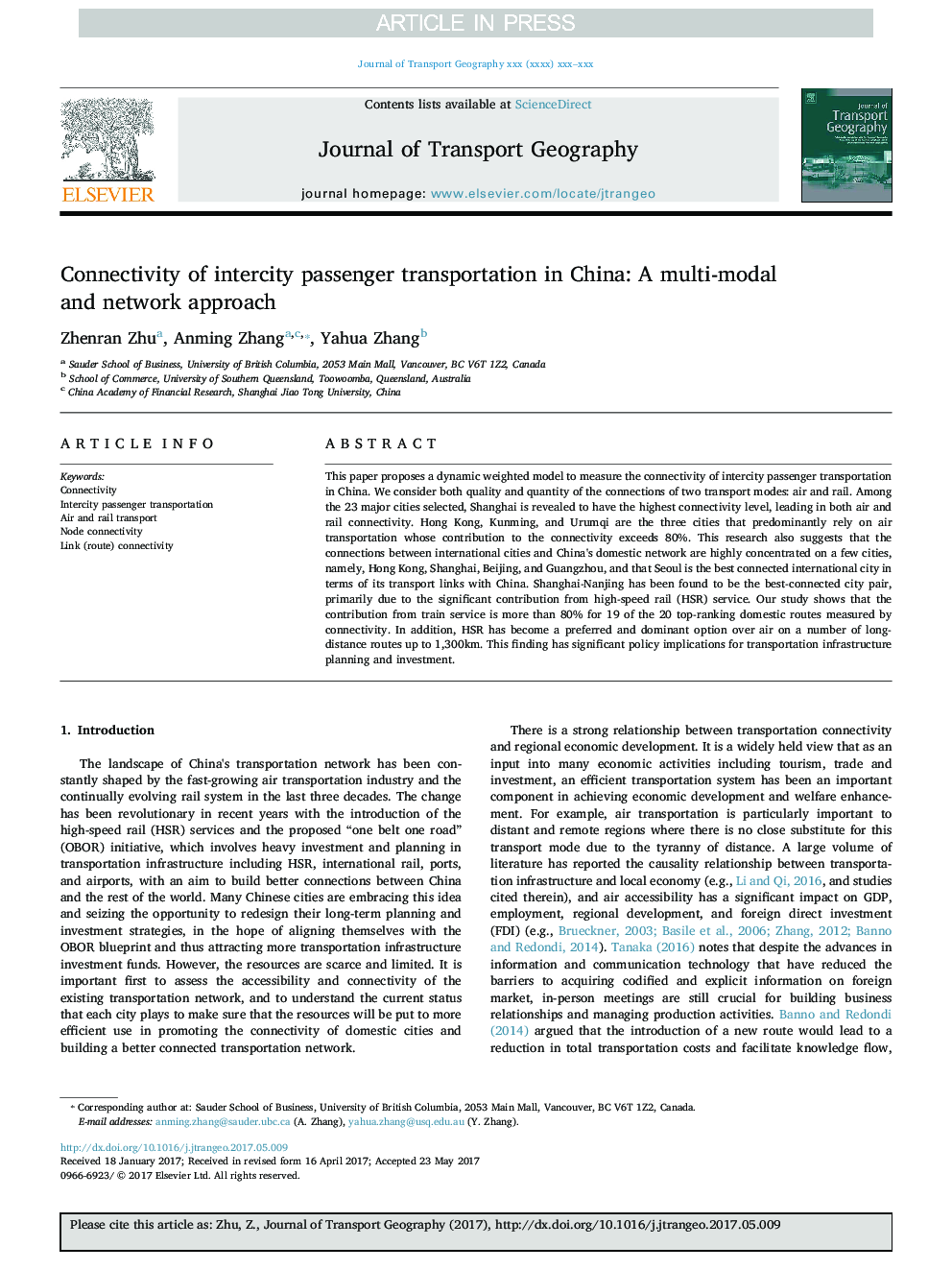 Connectivity of intercity passenger transportation in China: A multi-modal and network approach