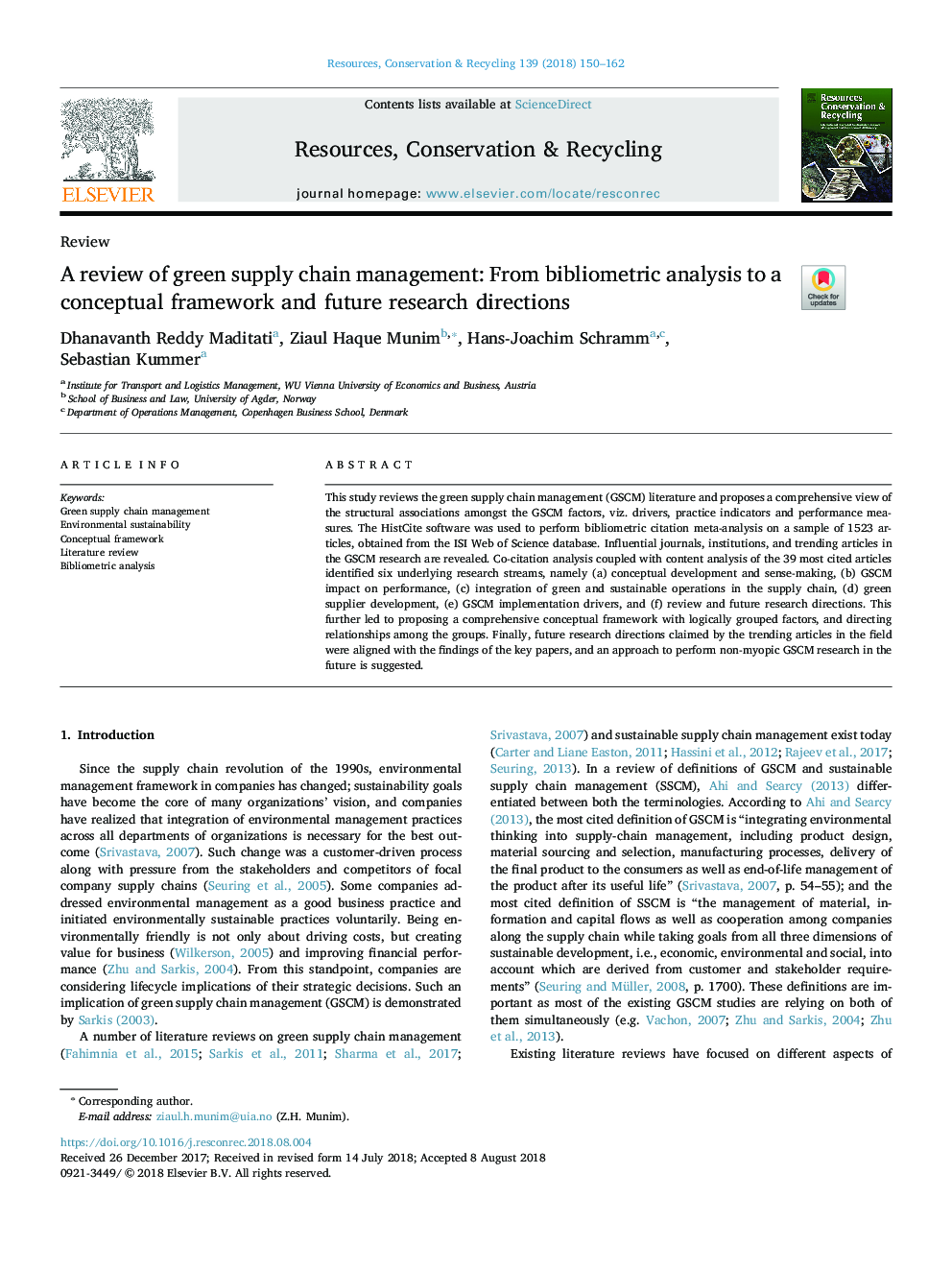 A review of green supply chain management: From bibliometric analysis to a conceptual framework and future research directions