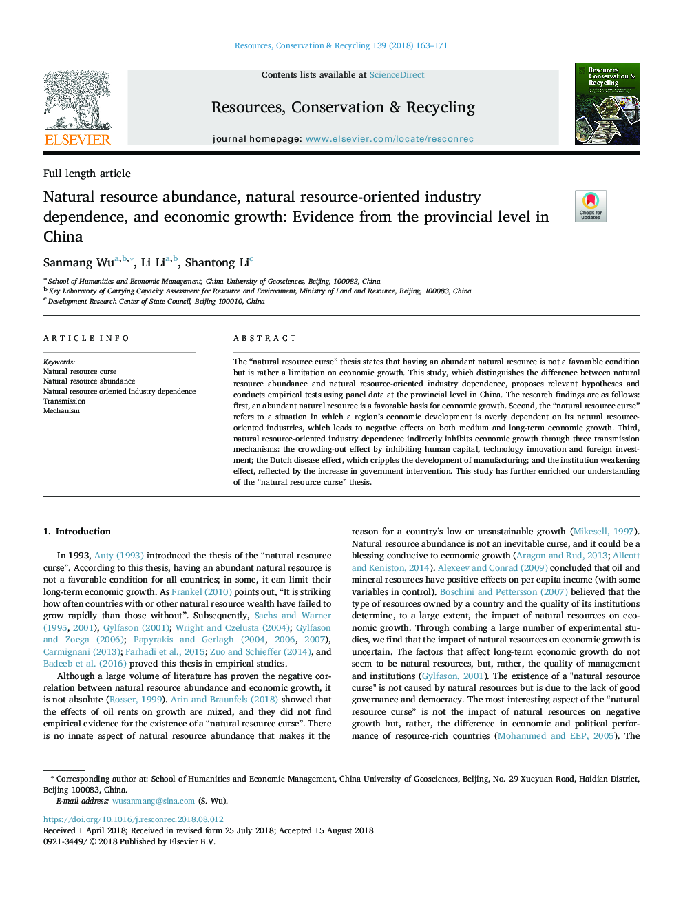 Natural resource abundance, natural resource-oriented industry dependence, and economic growth: Evidence from the provincial level in China