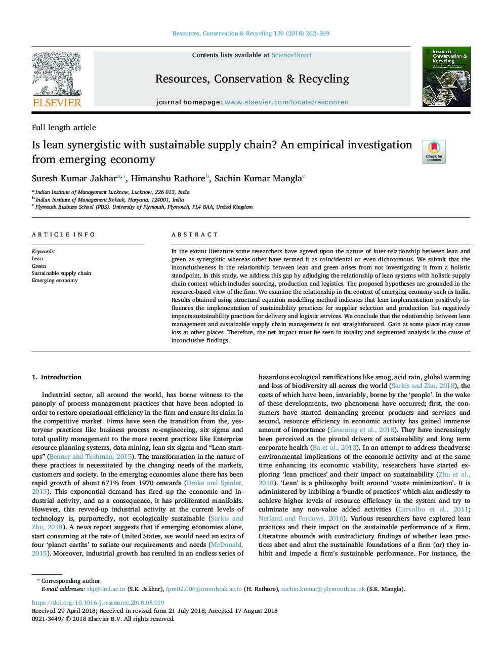 Is lean synergistic with sustainable supply chain? An empirical investigation from emerging economy