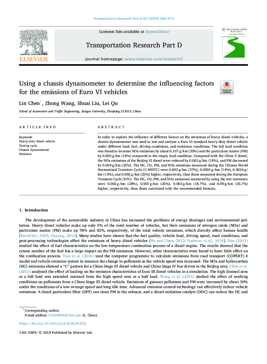 Using a chassis dynamometer to determine the influencing factors for the emissions of Euro VI vehicles