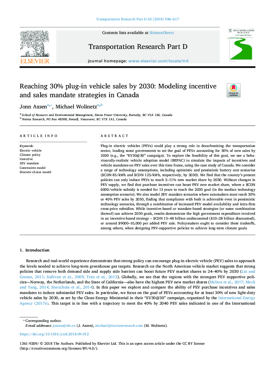Reaching 30% plug-in vehicle sales by 2030: Modeling incentive and sales mandate strategies in Canada