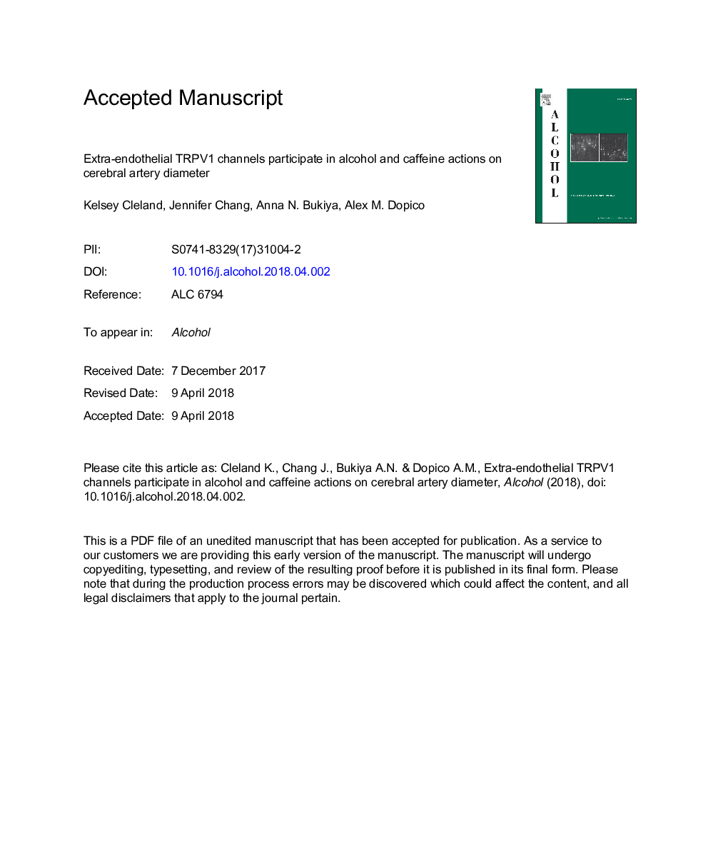 Extra-endothelial TRPV1 channels participate in alcohol and caffeine actions on cerebral artery diameter