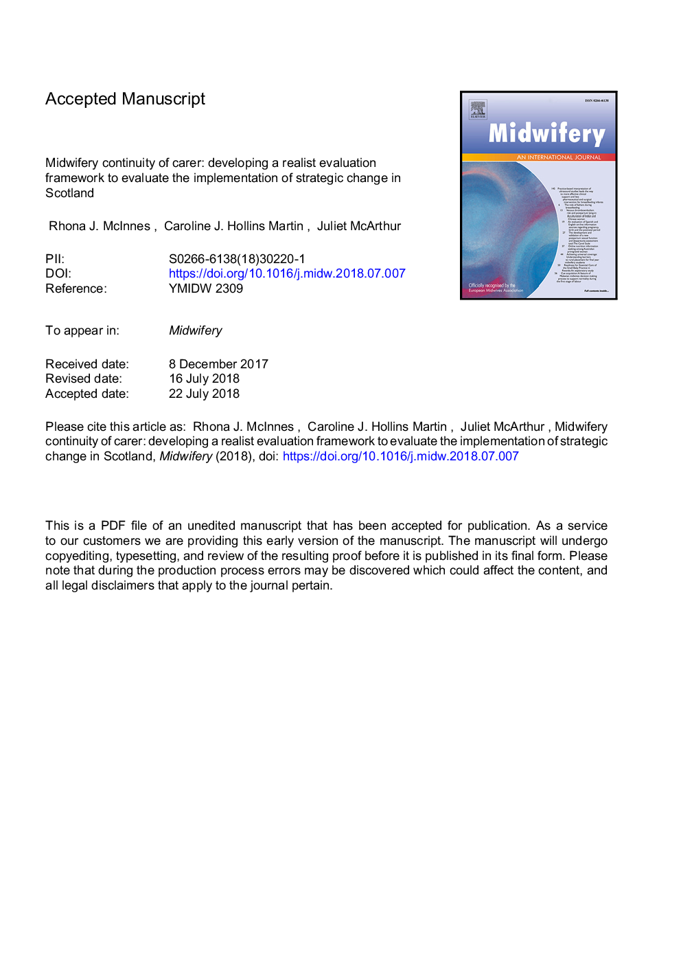 Midwifery continuity of carer: Developing a realist evaluation framework to evaluate the implementation of strategic change in Scotland