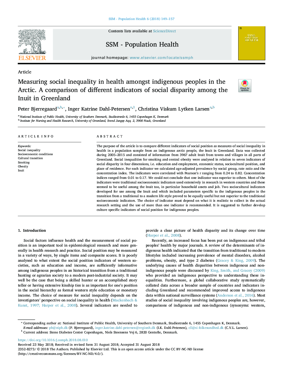 Measuring social inequality in health amongst indigenous peoples in the Arctic. A comparison of different indicators of social disparity among the Inuit in Greenland