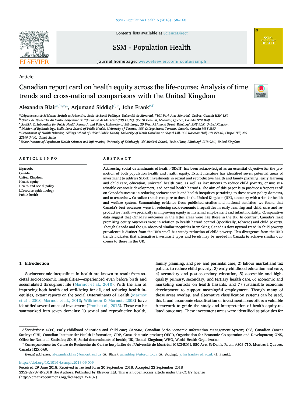 Canadian report card on health equity across the life-course: Analysis of time trends and cross-national comparisons with the United Kingdom