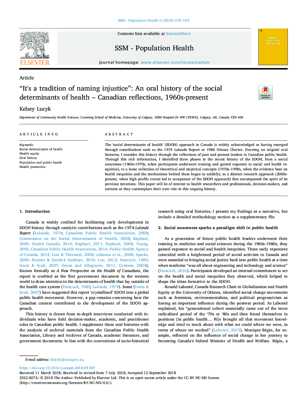 “It's a tradition of naming injustice”: An oral history of the social determinants of health - Canadian reflections, 1960s-present