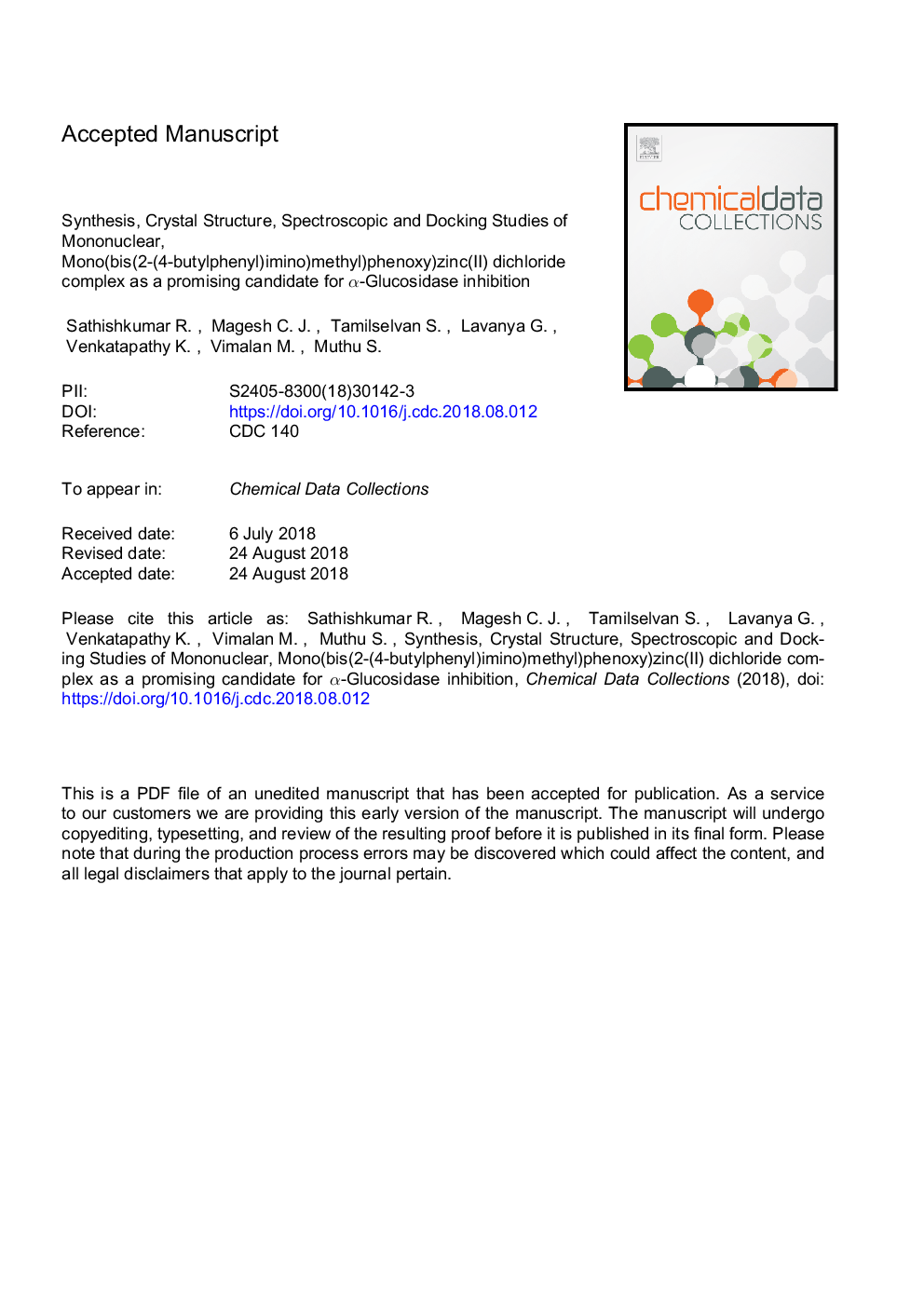 Synthesis, crystal structure, spectroscopic and docking studies of mononuclear, mono(bis(2-(4-butylphenyl)imino)methyl)phenoxy)zinc(II) dichloride complex as a promising candidate for Î±-glucosidase inhibition