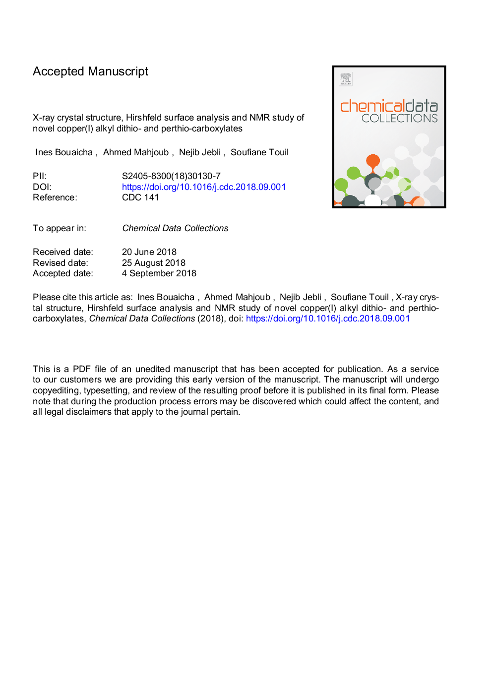 X-ray crystal structure, Hirshfeld surface analysis and NMR study of novel copper(I) alkyl dithio- and perthio-carboxylates