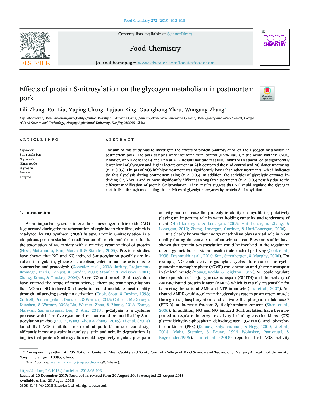Effects of protein S-nitrosylation on the glycogen metabolism in postmortem pork
