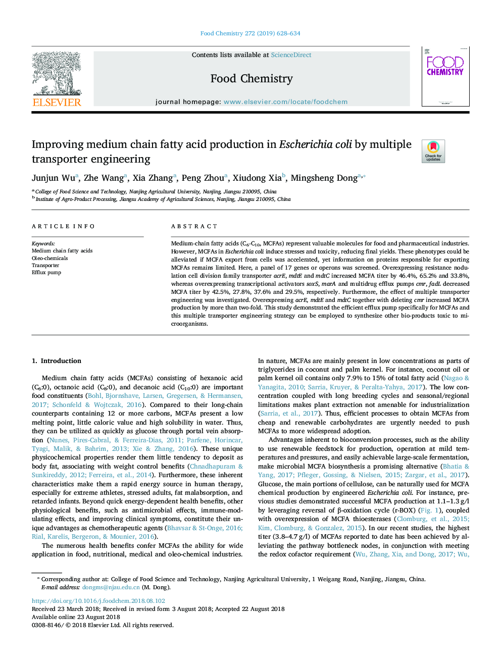 Improving medium chain fatty acid production in Escherichia coli by multiple transporter engineering