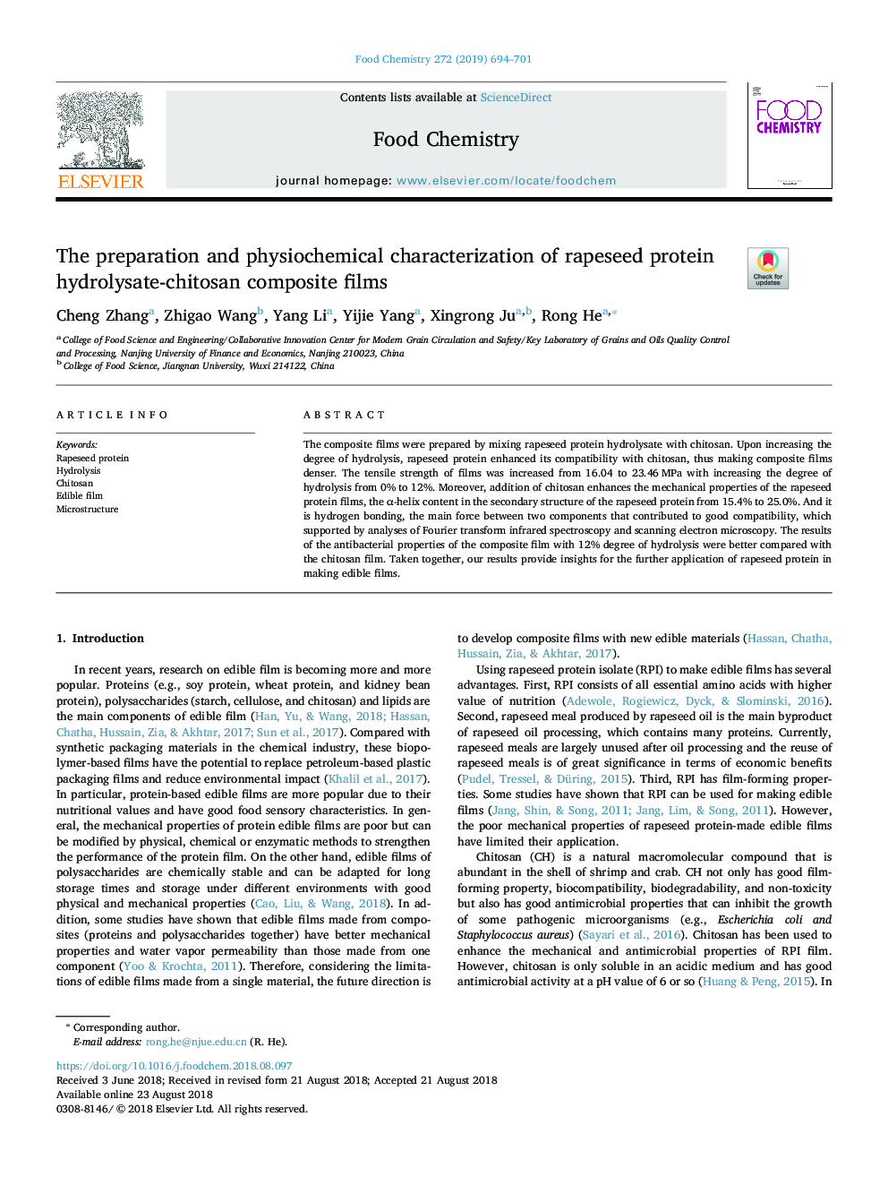 The preparation and physiochemical characterization of rapeseed protein hydrolysate-chitosan composite films