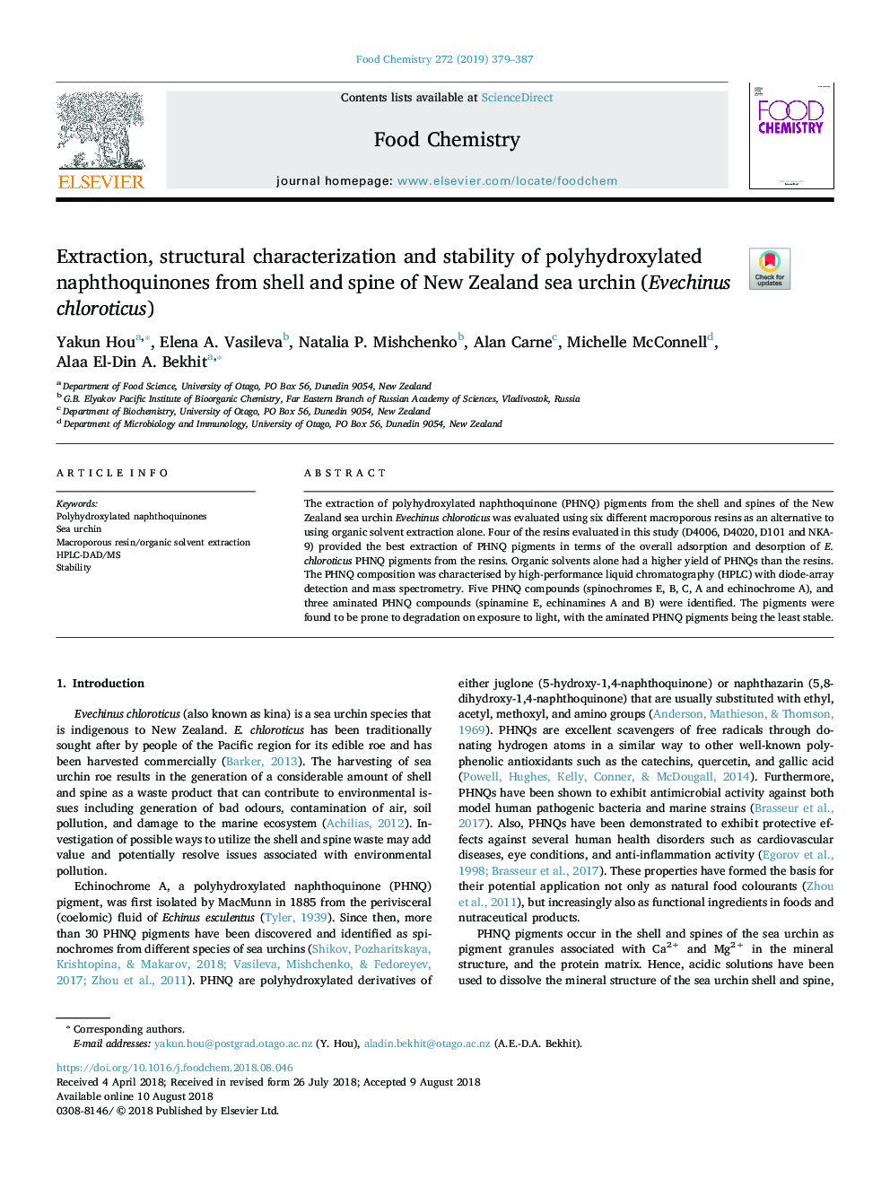 Extraction, structural characterization and stability of polyhydroxylated naphthoquinones from shell and spine of New Zealand sea urchin (Evechinus chloroticus)