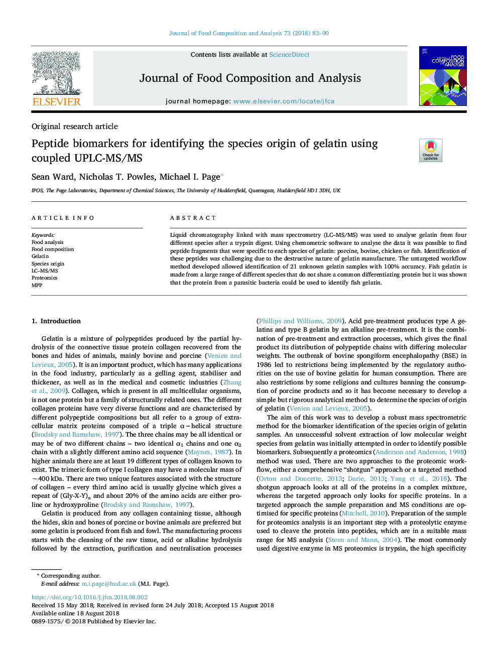 Peptide biomarkers for identifying the species origin of gelatin using coupled UPLC-MS/MS