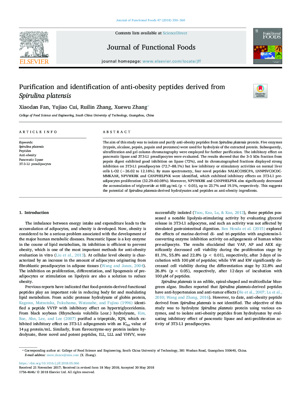 Purification and identification of anti-obesity peptides derived from Spirulina platensis