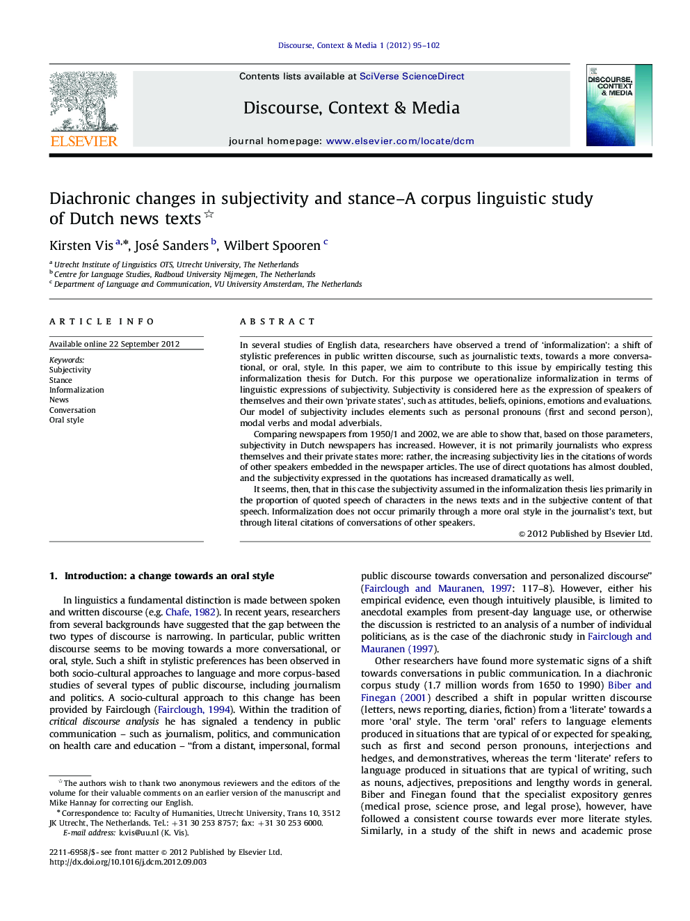عکس صفحه اول مقاله: Diachronic changes in subjectivity and stance–A corpus linguistic study of Dutch news texts Diachronic changes in subjectivity and stance–A corpus linguistic study of Dutch news texts