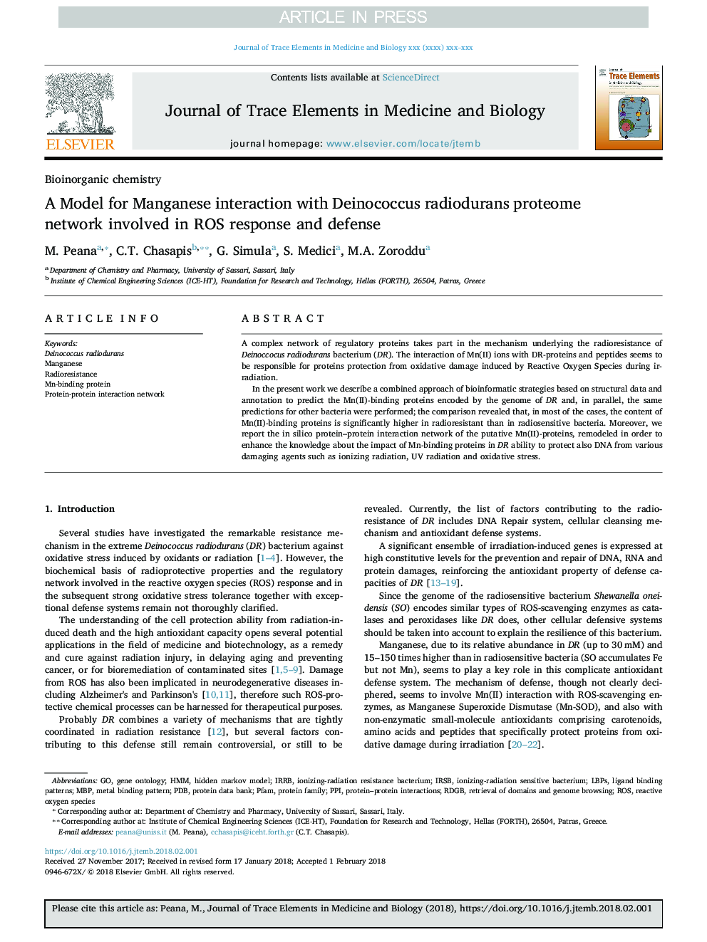 A Model for Manganese interaction with Deinococcus radiodurans proteome network involved in ROS response and defense